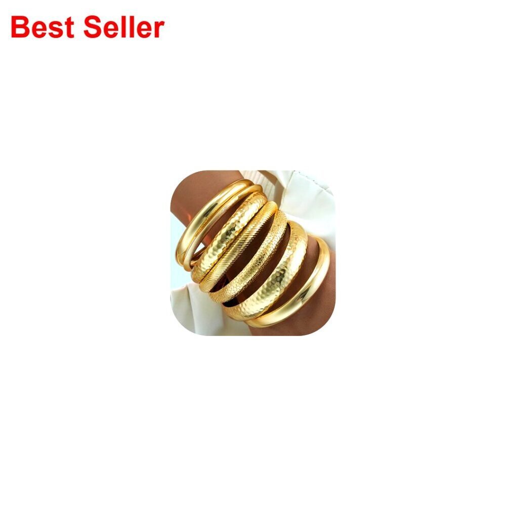 14K Gold Plated Brass Bangle Bracelets Set, 7Pcs Stackable Textured Bangles